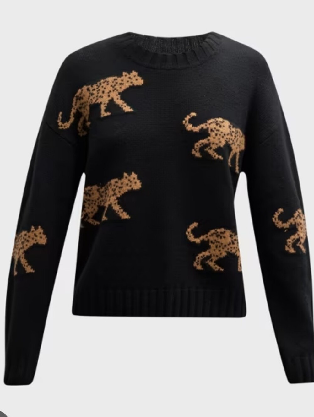 Rails Black Crewneck Sweater with Tan Jungle Cat Intarsia